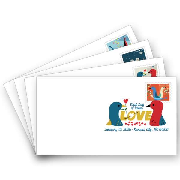 Stack of envelopes with 'LOVE' postmark and bird-themed forever stamps, First Day of Issue.