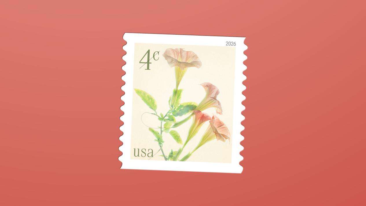Single 4c forever stamps, floral design with delicate peach flowers and green leaves.